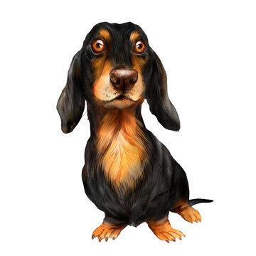 Watercolor illustration Black and tan dachshund dogs, beloved pet