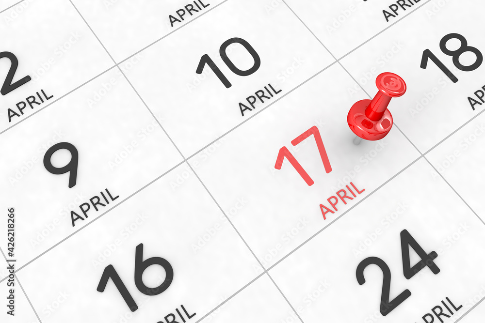 Poster 3d rendering of important days concept. april 17th. day 17 of month. red date written and pinned on 