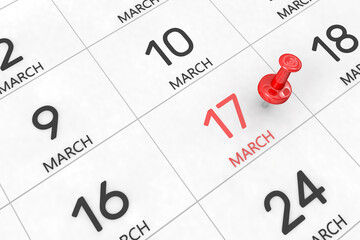 3d rendering of important days concept. March 17th. Day 17 of month. Red date written and pinned on a calendar. Spring month, day of the year. Remind you an important event or possibility.