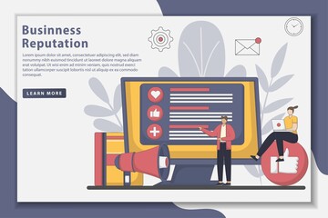Flatline design Business reputation landing page illustration. Concept of reputation management. People and improving customer loyalty. Online rating and feedback. Flat vector illustration