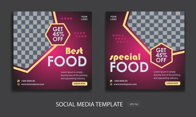 Set of Editable square social media banner template. for promotion best food ,  Black and red background color with stripe line shape.  