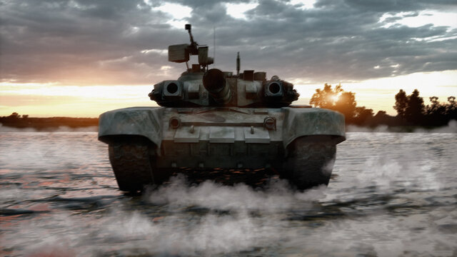 Heavy military tank in the field of battle. War concept, 3d illustration