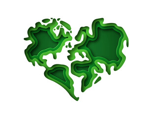 Green earth map heart shape paper cut isolated
