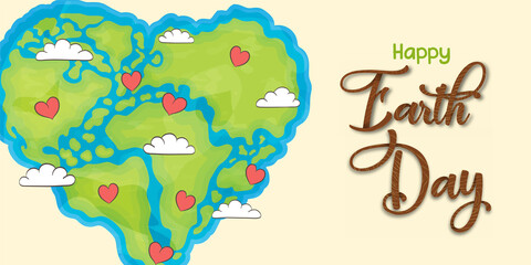 Happy Earth Day world map heart shape banner