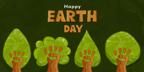 Happy Earth Day banner green hand tree forest