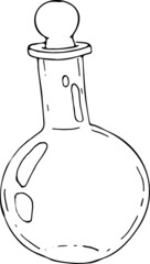Hand draw Glass Bottle, chemical flask. Digital symbol. Contour, Outline silhouette witch
