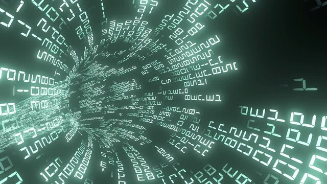 High-speed traffic in a digital futuristic tunnel through an endlessly looped stream of numbers and symbols.