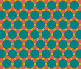 Patrón de octágonos verdes interconectados entre sí con cuadrados dorados sobre fondo rosado