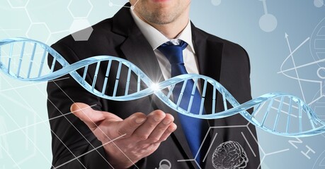 Dna structure and chemical structures over mid section of business man with cupped hand