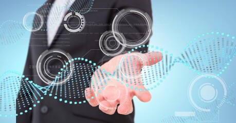Dna structure and round scanners over mid section of business man with cupped hand