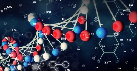 Digitally generated image of dna structure and chemical structures against blue background