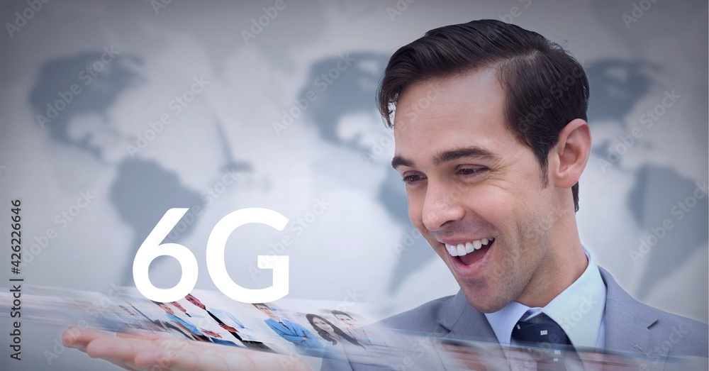 Poster composition of the word 6g over caucasian man smiling with world map in background