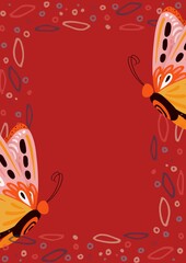 Obraz premium Composition of butterflies and abstract shapes with copy space on red background