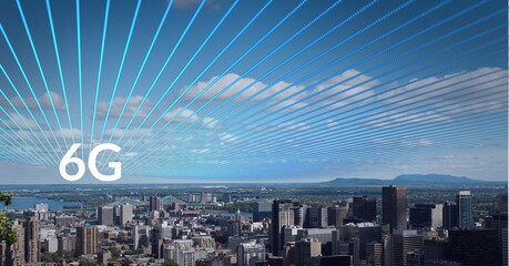Composition of the word 6g over a cityscape with blue lines on the sky in background