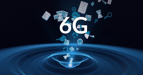 Composition of the word 6g over floating technological icons in background