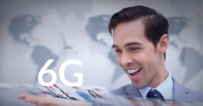 Composition of the word 6g over caucasian man smiling with world map in background