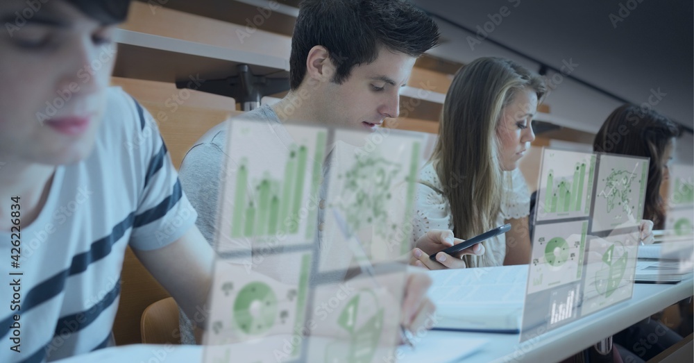 Poster composition of diverse work collegues using technological devices with statistics and data