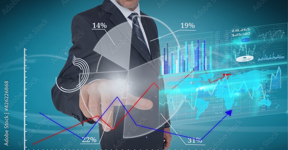 Poster composition of data processing over a person wearing a suit in background