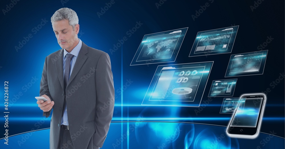 Poster composition of data processing over caucasian man using smartphone in background