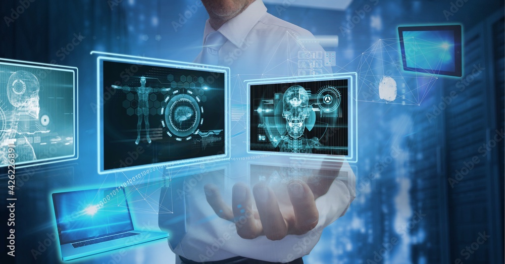 Poster composition of data processing over caucasian man hand in background
