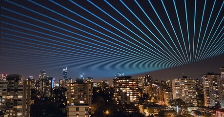 Composition of blue lines in the sky over a cityscape in background