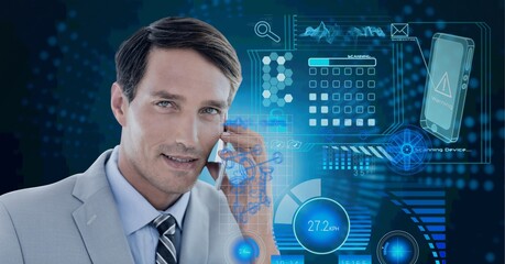 Composition of data processing over caucasian man using a smartphone in background