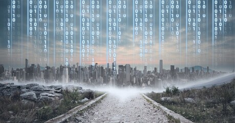 Composition of digital interface over a cityscape in background