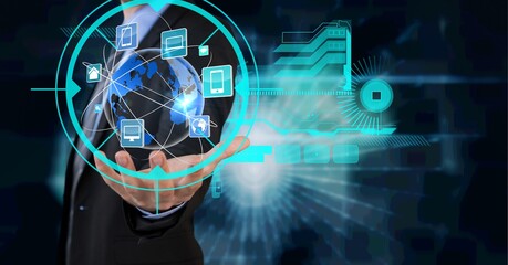 Composition of data processing over caucasian man holding a globe with icons in background