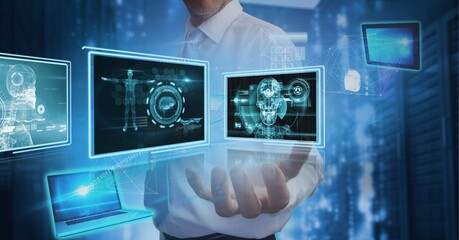 Composition of data processing over caucasian man hand in background