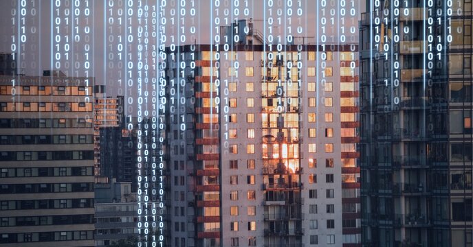 Composition of digital interface over a cityscape in background