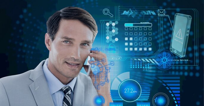 Composition of data processing over caucasian man using a smartphone in background