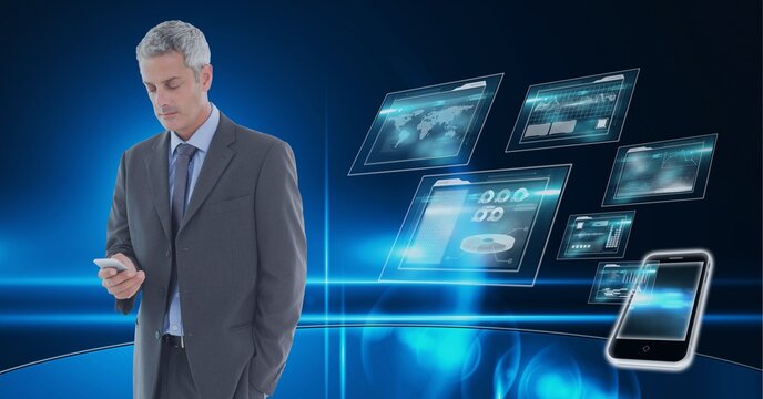 Composition of data processing over caucasian man using smartphone in background