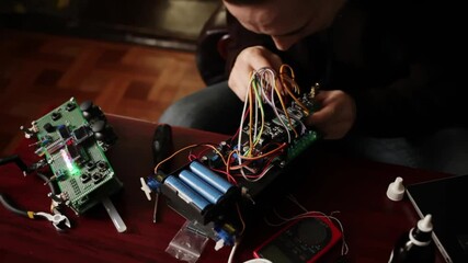 DIY, the machine on electronic control. Home experiments, robotics, smart engineer. Toy for the child. A man collects repairs to an electronic device. Wires, motherboard, batteries closeup