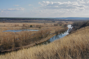 Landscape - spring river valley under the blue sky, Seversky Donets, Zmievsky Kruchi.