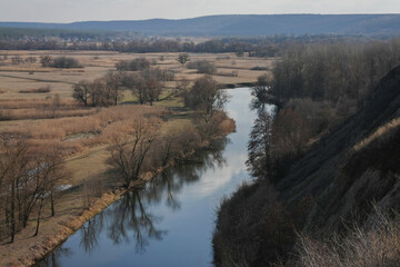 Landscape - spring river valley under the blue sky, Seversky Donets, Zmievsky Kruchi.