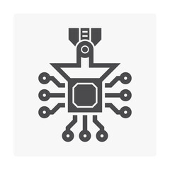Computer production industry, equipment and technology vector icon. Consist of robot and chip, microchip or cpu. To placed on pcb board or motherboard. To repair, upgrade, assembly or manufacturing.