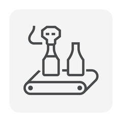 Obraz na płótnie Canvas Beverage industry vector icon. That business process automation with bottle on conveyor belt in production line and filling water in packaging to manufacture produce drink product. Editable stroke.