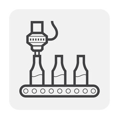 Beverage industry vector icon. That business process automation consist of row bottle on conveyor belt in production line and filling water or liquid in packaging to manufacture produce drink product.