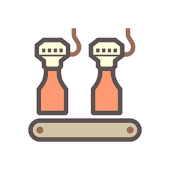 Beverage industry vector icon. That business process automation consist of row bottle on conveyor belt in production line and filling water or liquid in packaging to manufacture produce drink product.