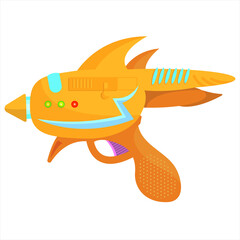vector concept illustration of a blaster. weapons for computer games. multi-colored pistol shooting a laser beam. alien weapons .