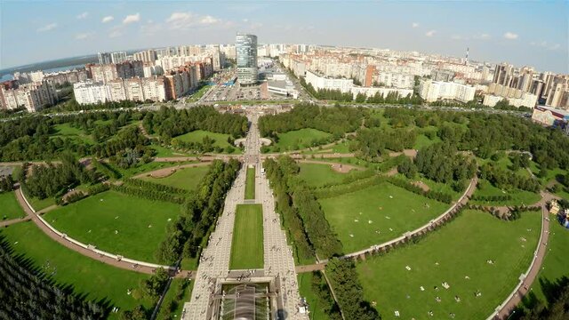 Aerial view. Park of the 300th anniversary of St. Petersburg. 4K.
