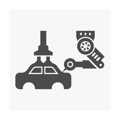 Automotive manufacturing, assembly or production industry vector icon. With car, auto part, mechanical robotic arm, industrial robot system. Machine control by automation technology to spot welding.