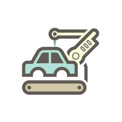 Automotive manufacturing, assembly or production industry vector icon. With car, auto part, mechanical robotic arm, industrial robot system. Machine control by automation technology to spot welding.