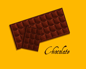 Chocolate block vector illustration on yellow background for food or chocolate content icon or logo.
