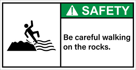 Please be careful walking on rocks.,Safety sign