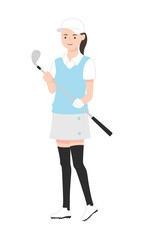 ゴルフウェアを着た女性のイラスト。ゴルフクラブを持って立っている若い女性。