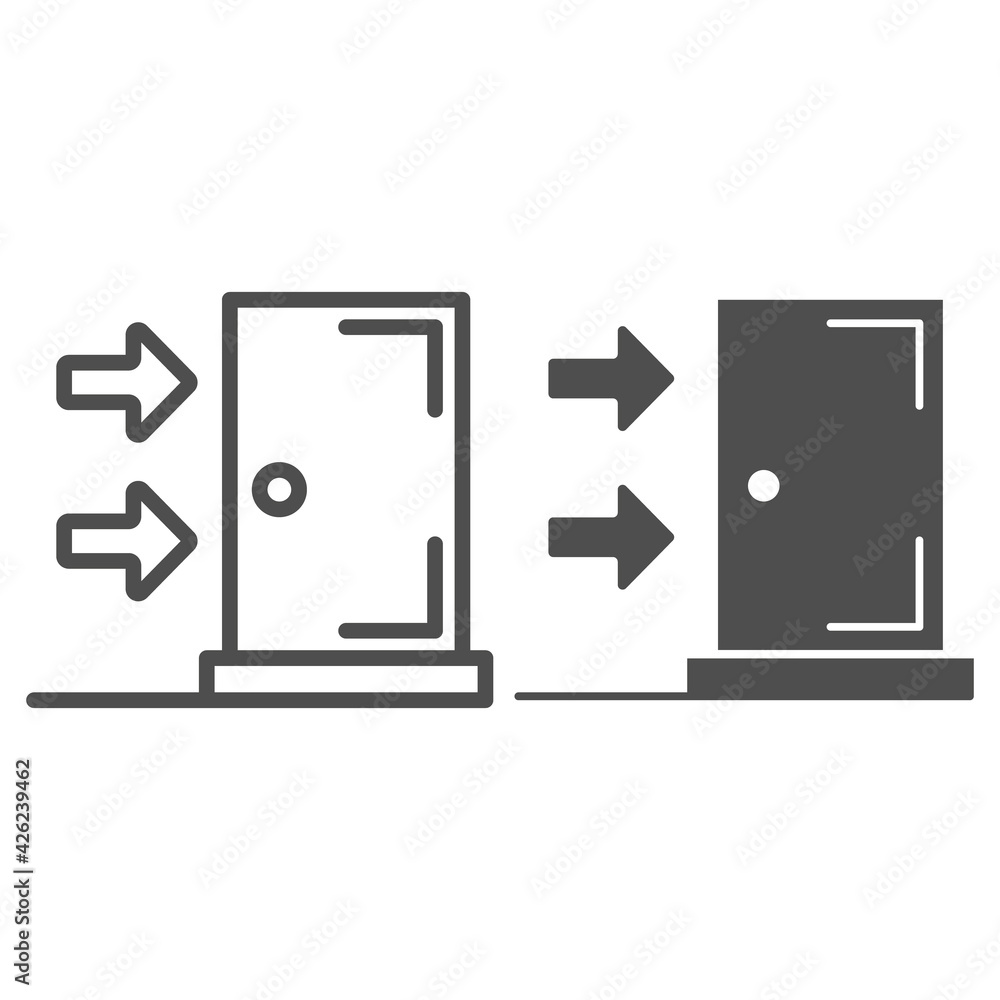 Poster emergency exit line and solid icon, safety engineering concept, exit sign on white background, navig