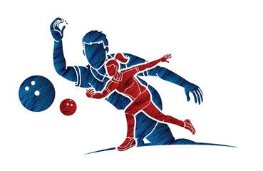 Fototapeta na wymiar Group of Bowling Sport Players Men and Women Pose Cartoon Graphic Vector