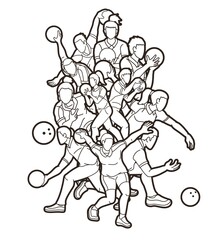 Group of Bowling Sport Players Men and Women Pose Cartoon Graphic Vector