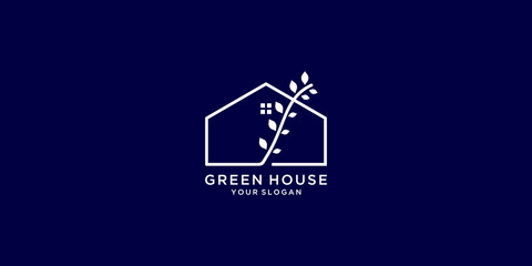 Minimalist green house logo. Tree home logo icon